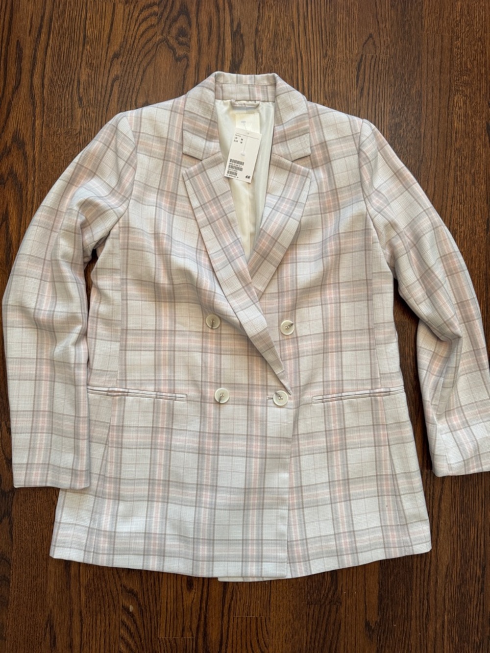 H&M Women's Double-Breasted Plaid Blazer - Light Pink & Cream